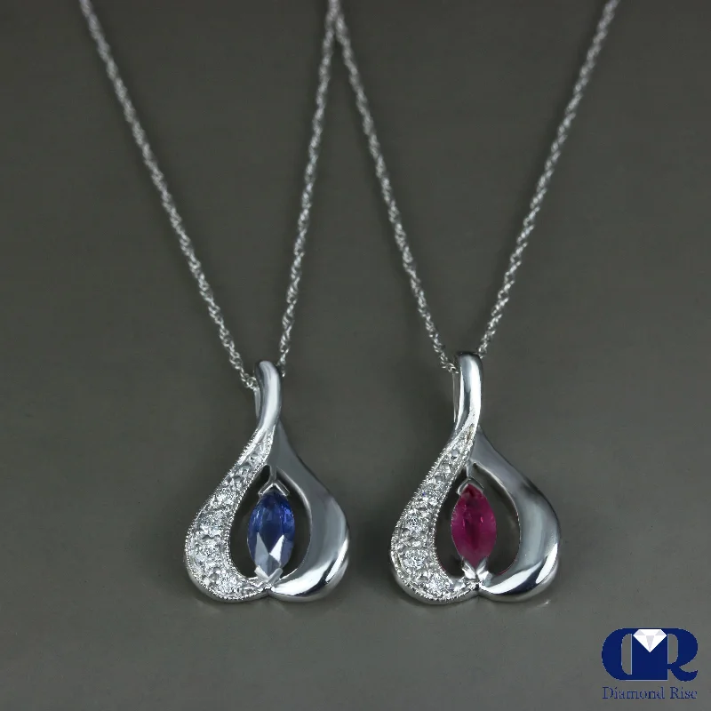 bold topaz summit apex necklace-Aged finish necklace-Diamond & Marquise Ruby Or Sapphire Pendant 14K Gold With 16" Chain