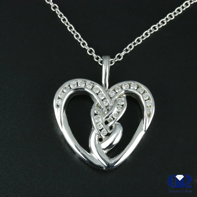 bohemian summit ridge necklace-Arcing chain necklace-Diamond Double Twisted Open Heart Pendant Necklace 14K White Gold With 16" Chain