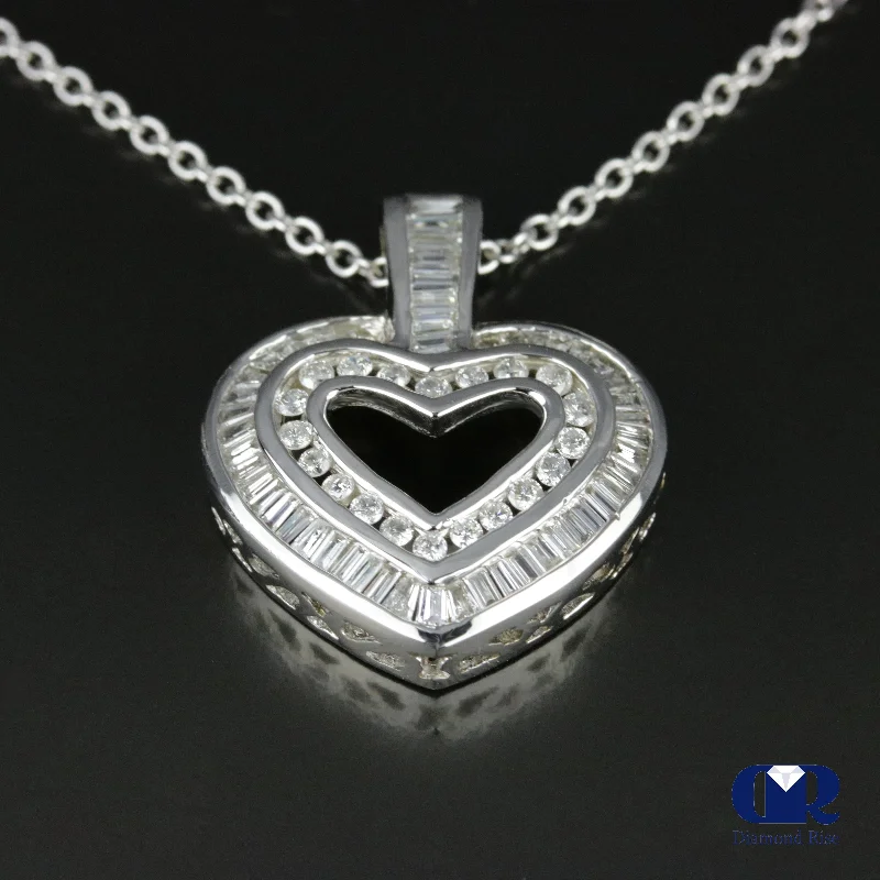 minimalist curve summit necklace-Wavy edge necklace-1.03 Ct Diamond Double Row Open Heart Pendant Necklace 14K White Gold With Chain