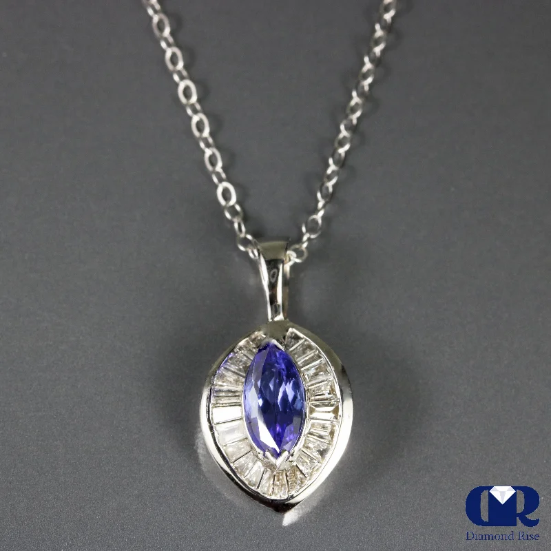 tarnished gold stack necklace-Faded edge necklace-1.30 Ct Tanzanite & Diamond Pendant necklace 14K White Gold With Chain