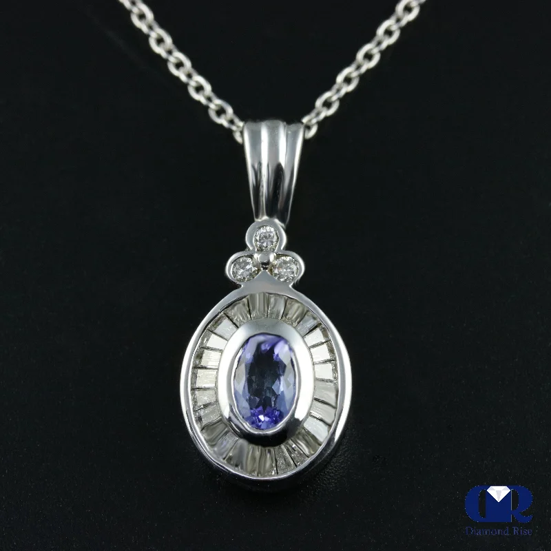 adjustable branch crest necklace-Curled alloy necklace-1.27 Ct Tanzanite & Diamond Pendant Necklace 14K White Gold With Chain