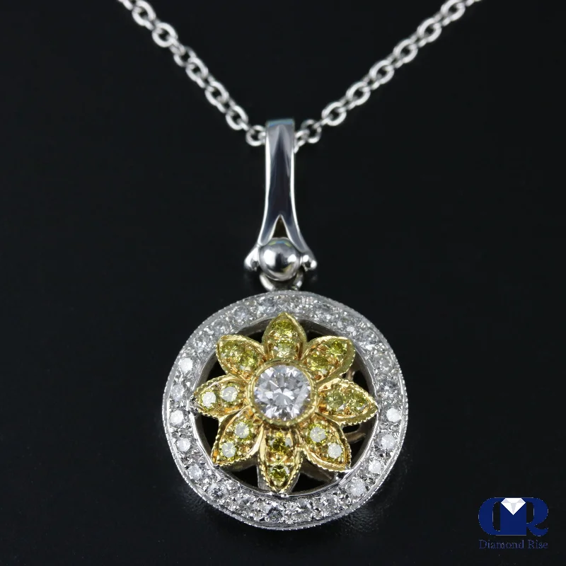 floral prong diamond necklace-Lily bloom necklace-Women's White & Yellow Diamond Pendant Necklace White & Yellow Gold W/16" Chain