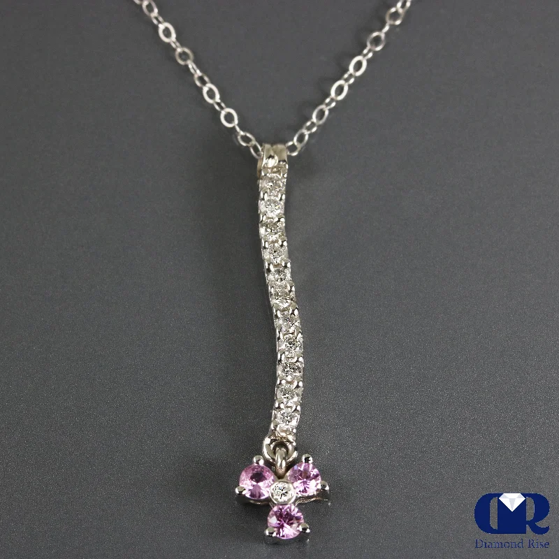 eleven-stone drop necklace-Nonagonal stone necklace-Natural 0.75 Ct Round Diamond & Pink Sapphire Pendant Necklace 14K Gold W/16" Chain