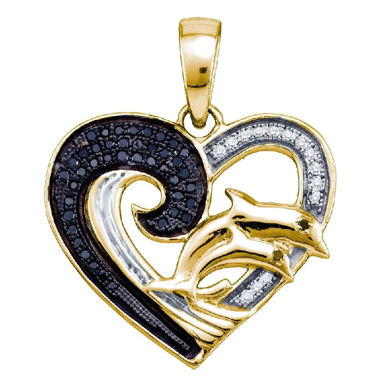 inscribed heritage pendant necklace-Paired stone necklace-Yellow-tone Sterling Silver Black Color Enhanced Diamond Dolphin Heart Pendant 1/6 Cttw