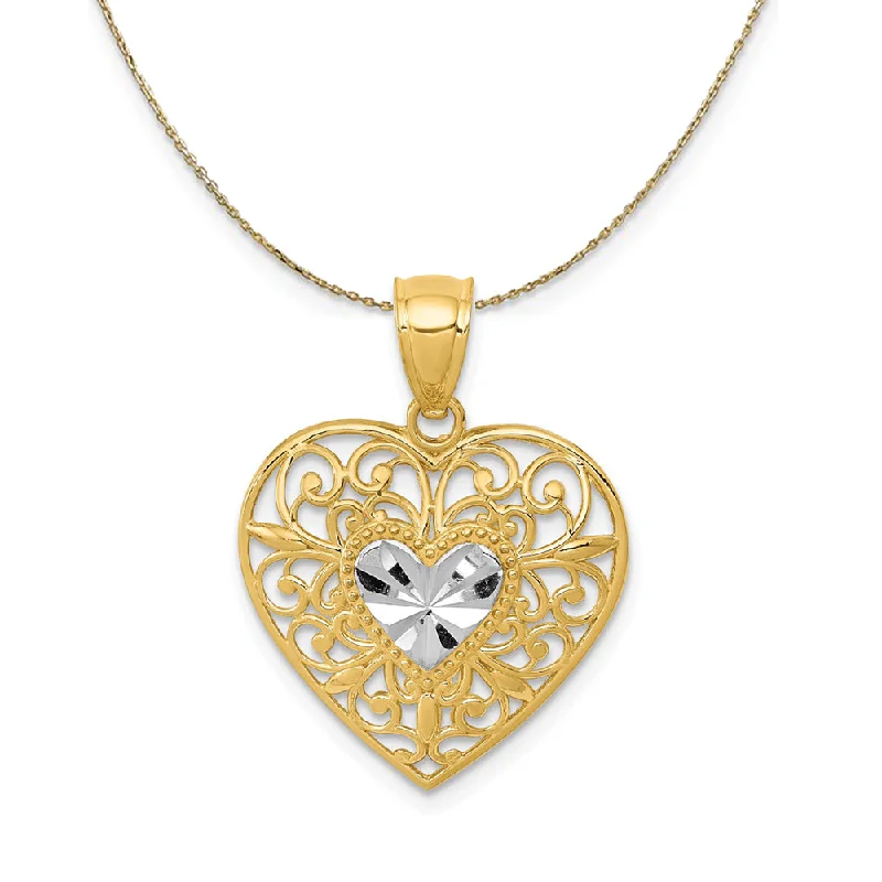 art deco turquoise necklace-Restored object necklace-14k Yellow Gold and Rhodium Filigree Heart Necklace