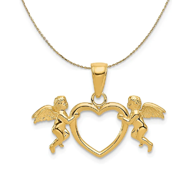 14k Yellow Gold Flying Cherubs Holding-Heart Necklace