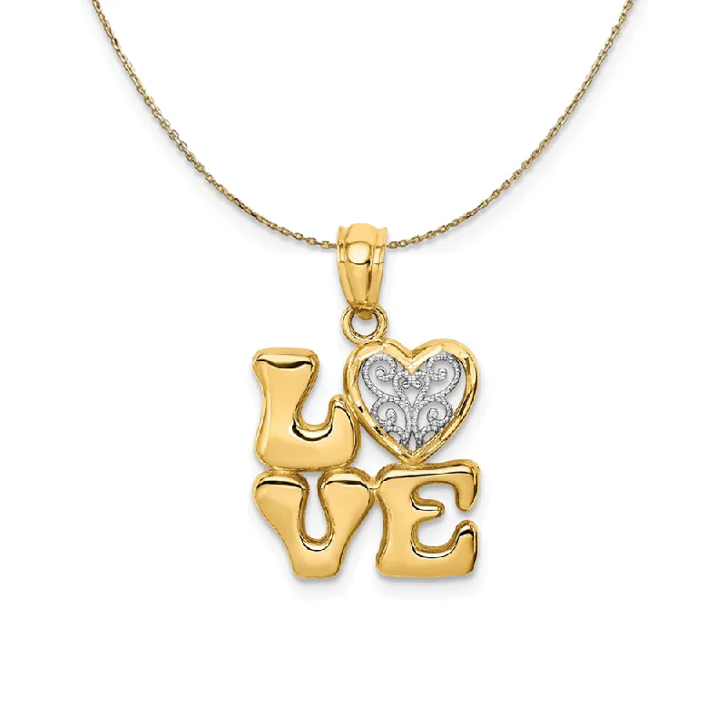 14k Yellow Gold with Rhodium Love with Heart Necklace