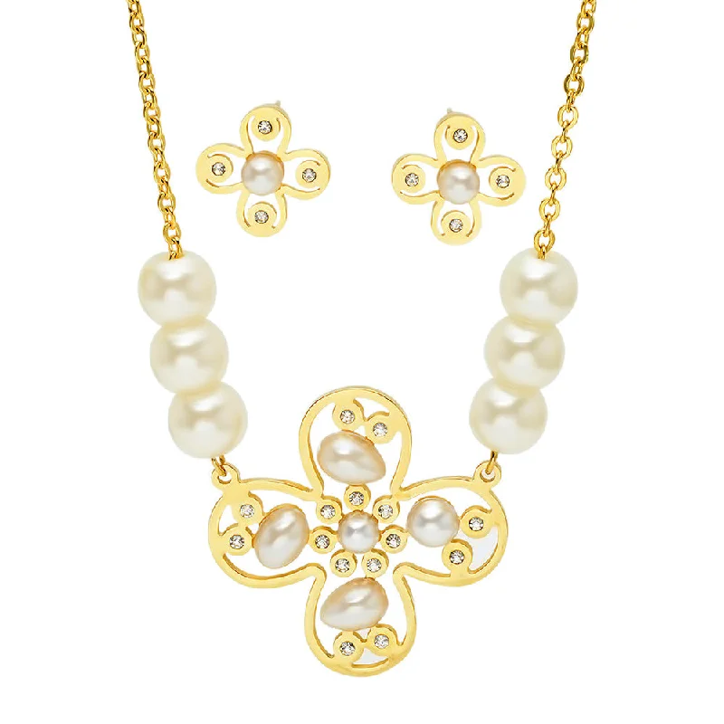 18kt Gold Plated Stainless Steel Earring/Necklace Set with Simulated Pearls and CZ Stones