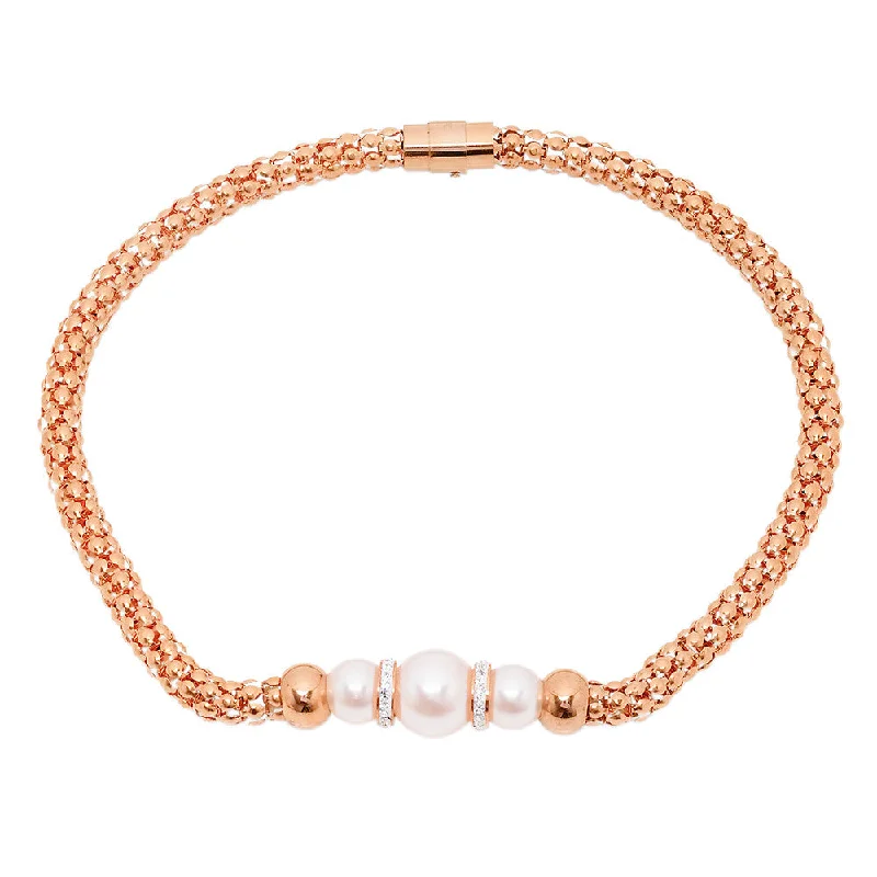 Ladies 18kt Rose Gold Plated Stainless Steel Necklace with Simulated Diamonds and Simulated Pearls