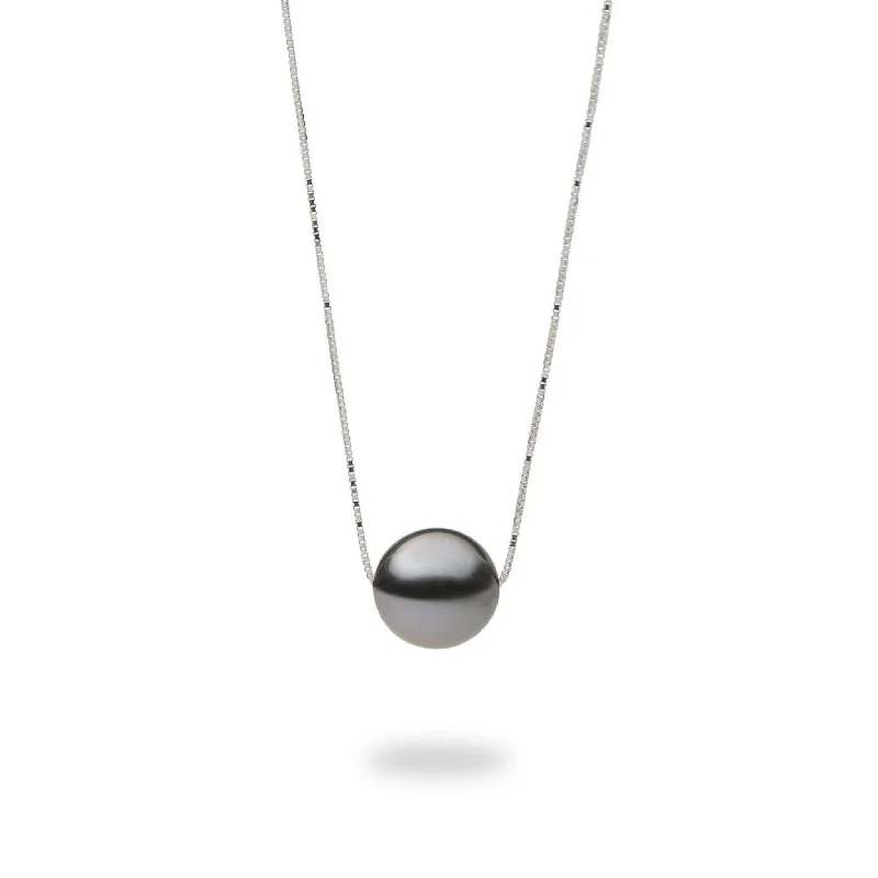 modern sculpted chain necklace-Ancient era necklace-16-18" Adjustable Tahitian Black Pearl Necklace in White Gold - 9-10mm