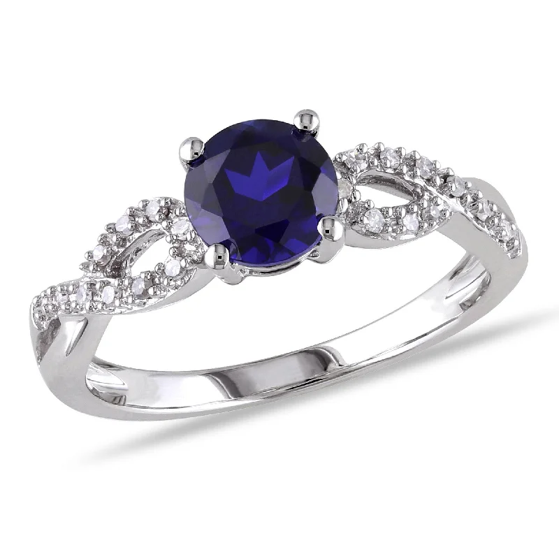 vintage-inspired garnet ring-Sprout halo ring-1/10 CT TW Diamond and Created Blue Sapphire Engagement Ring in 10K White Gold