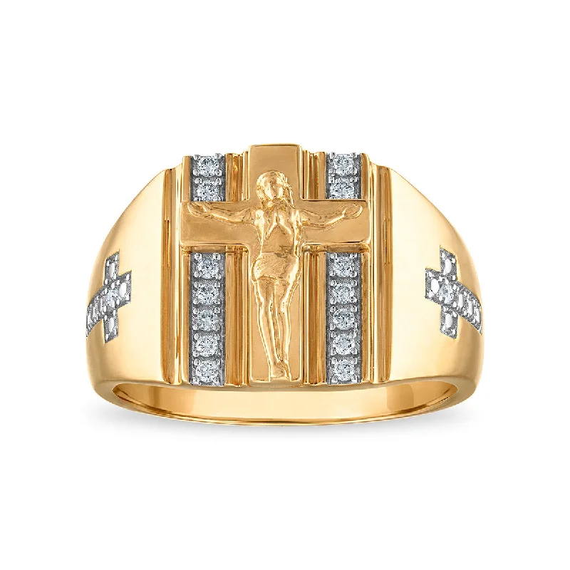 modern sculpted band ring-Ancient era ring-1/6 CTW Lab Grown Diamond Cross Ring in 10KT Yellow Gold