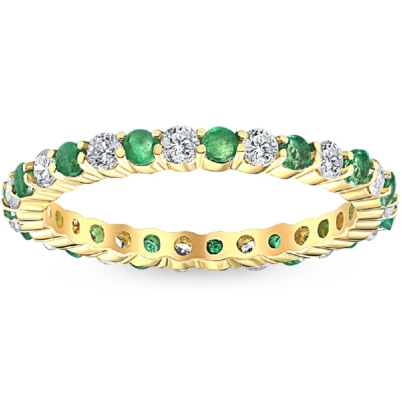 art deco citrine ring-Molten metal ring-1 cttw Emerald & Diamond Wedding Eternity Stackable Ring 10k Yellow Gold