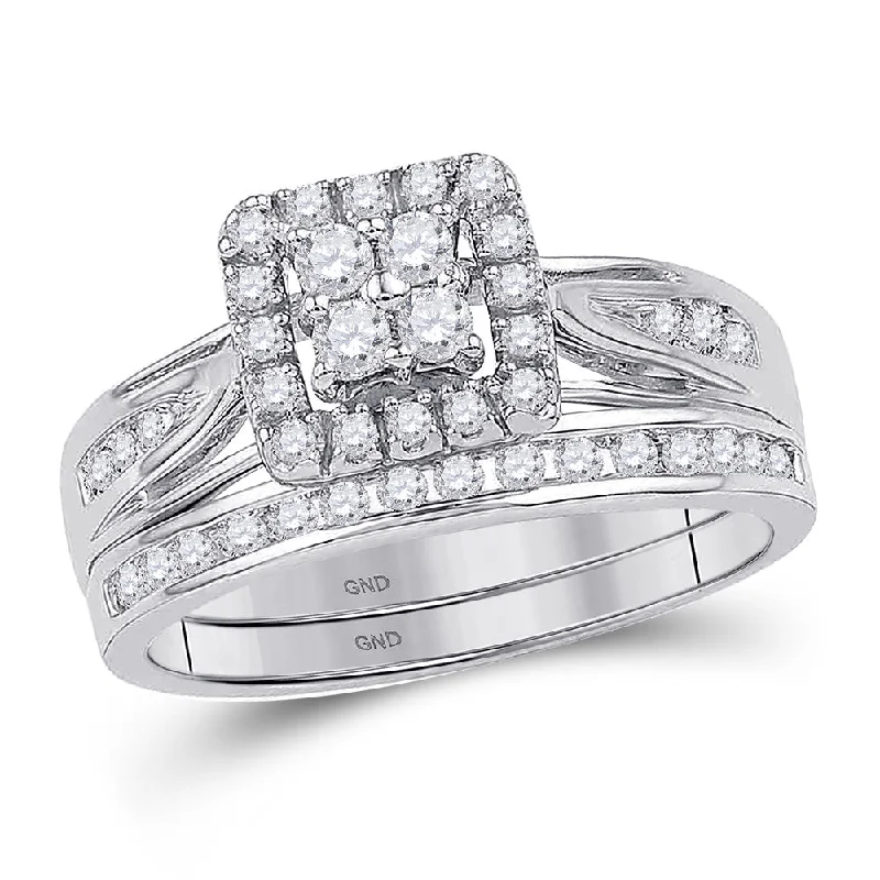 modern sleek peak summit ring-Coarse texture ring-10kt White Gold Diamond Square Cluster Bridal Wedding Ring Band Set 1/4 Cttw