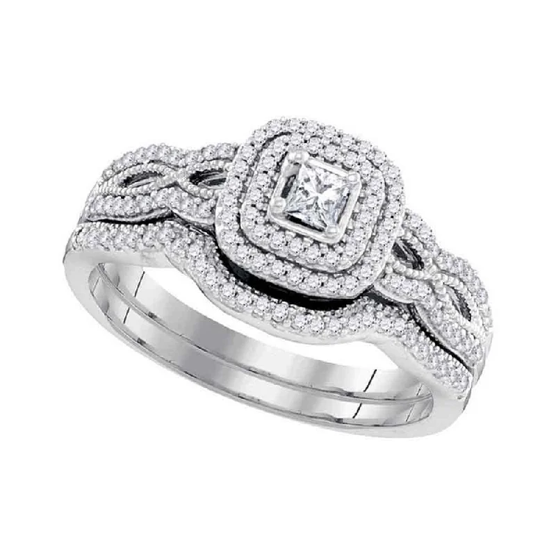 adjustable peak ridge ring-Branch vein ring-10kt White Gold Princess Diamond Halo Bridal Wedding Ring Band Set 3/8 Cttw