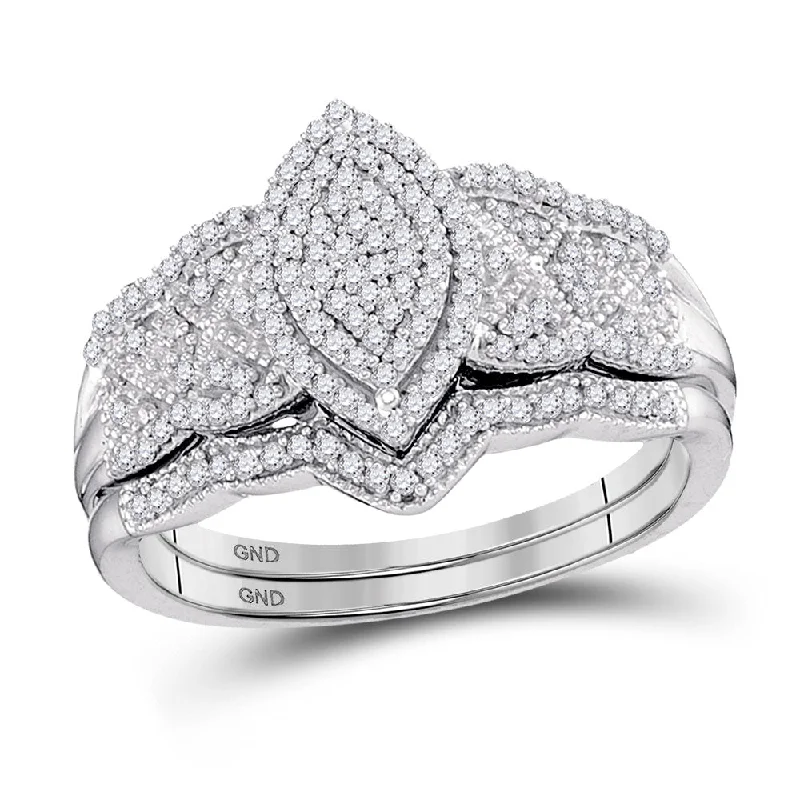 modern sleek peak summit ring-Coarse texture ring-10kt White Gold Round Diamond Bridal Wedding Ring Band Set 3/8 Cttw