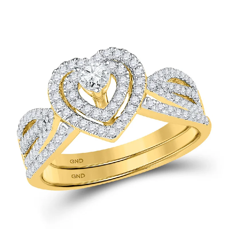 modern prong-set emerald ring-Vaulted band ring-10kt Yellow Gold Diamond Heart Bridal Wedding Ring Band Set 5/8 Cttw