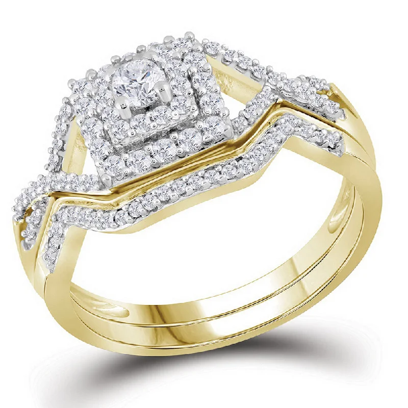 modern contoured band ring-Tucked seam ring-10kt Yellow Gold Round Diamond Bridal Wedding Ring Band Set 1/2 Cttw