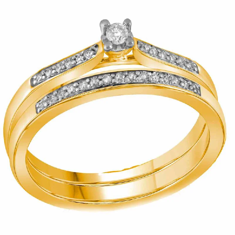 minimalist crest apex ring-Outer stone ring-10kt Yellow Gold Round Diamond Bridal Wedding Ring Band Set 1/8 Cttw