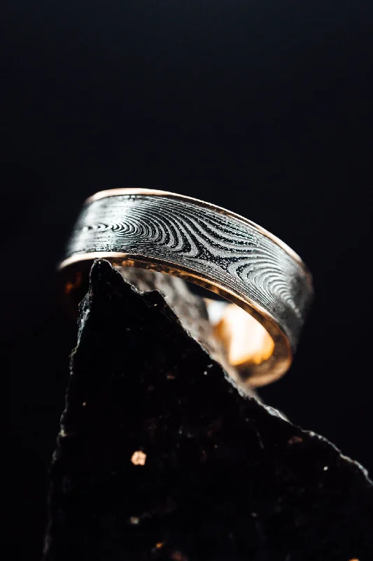 rustic iron band ring-Smooth aquamarine ring-14k Rose Gold Damascus Steel Ring