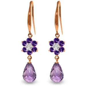 matte rose spiral earrings-Subtle filigree earrings-14K Solid Rose Gold Fish Hook Diamond & Amethyst Earrings Class