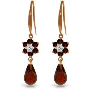 vintage-inspired ruby earrings-Calico strip earrings-14K Solid Rose Gold Fish Hook Diamond & Garnet Earrings Gemstone