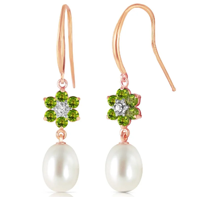 matte copper hoop earrings-Legacy crest earrings-14K Solid Rose Gold Fish Hook Earrings w/ Diamonds, Peridots & Pearls