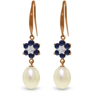 pear-cut sapphire earrings-Pale mist earrings-14K Solid Rose Gold Fish Hook Earrings w/ Diamonds, Sapphires & Pearls