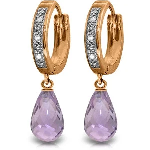 vintage-inspired citrine earrings-Barley stem earrings-14K Solid Rose Gold Hoop Earrings w/ Diamonds & Amethysts