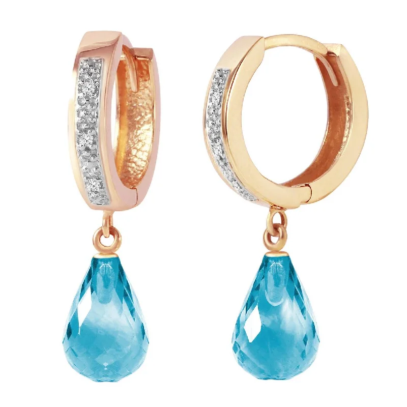 inscribed dynasty stud earrings-Nautilus shell earrings-14K Solid Rose Gold Hoop Earrings w/ Diamonds & Blue Topaz