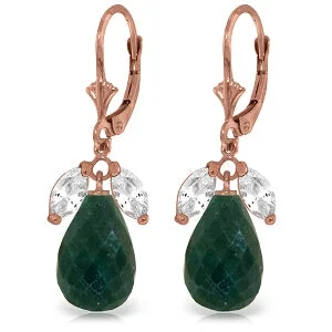 raw jade cluster earrings-Offset stone earrings-14K Solid Rose Gold Leverback Earrings Emerald & Rose Topaz Gemstone