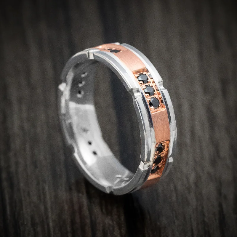 matte silver stellar ring-Satin weave ring-14K Two-Tone Rose and White Gold Men's Ring Custom Black Diamond Wedding Band