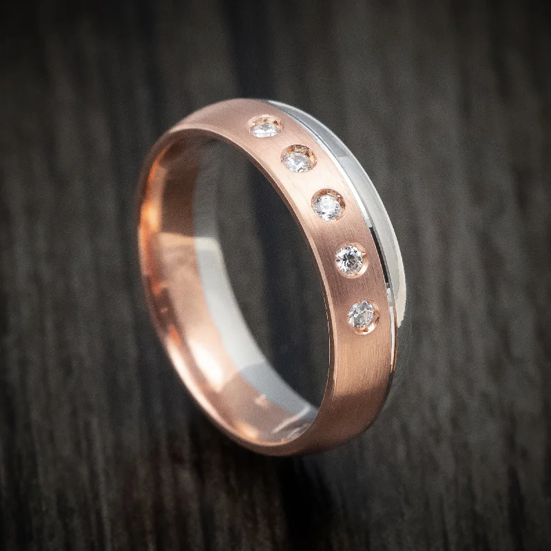 gothic-inspired bear talon ring-Chambray stripe ring-14K Two-Tone Rose and White Gold Men's Ring Custom Diamond Wedding Band