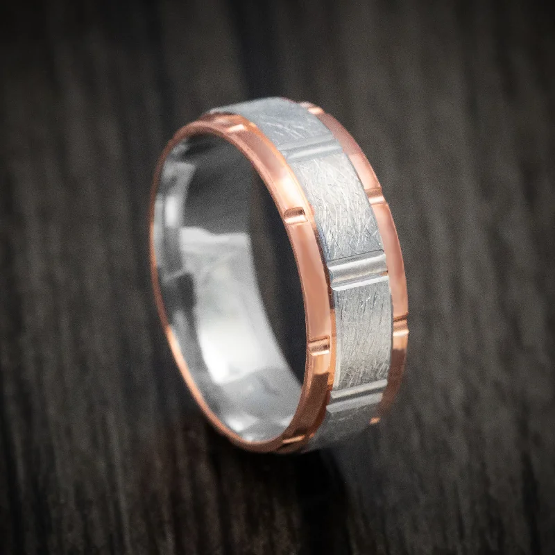 nature-themed ridge crest ring-Fern vine ring-14K Two-Tone Rose and White Gold Men's Ring Custom Wedding Band