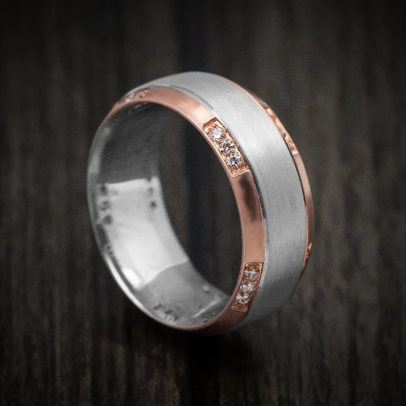 adjustable maple crest ring-Aluminum band ring-14K Two-Tone Rose and White Gold Men's Ring with Diamonds Custom Wedding Band