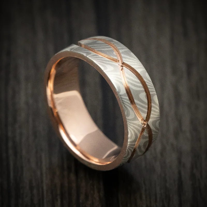 adjustable zinc swirl ring-Sunflower topaz ring-14K White Gold and Silver Mokume Gane Men's Ring with Rose Gold Sleeve and Infinity Inlay