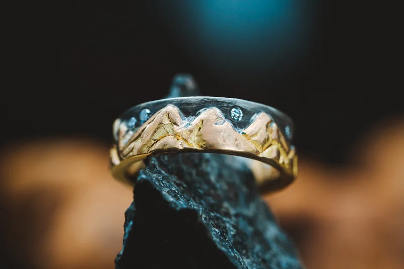 adjustable branch crest ring-Curled alloy ring-14k Yellow Gold and Oxidized Sterling Silver Men's Diamond Mountain Ring