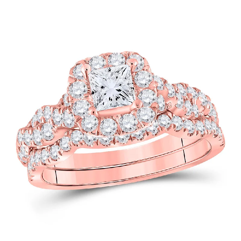 floral-inspired turquoise ring-Rippled band ring-14kt Rose Gold Princess Diamond Bridal Wedding Ring Band Set 1-1/2 Cttw