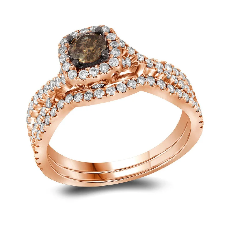 floral-inspired peridot ring-Baroque twist ring-14kt Rose Gold Womens Round Brown Diamond Bridal Wedding Ring Band Set 1Cttw