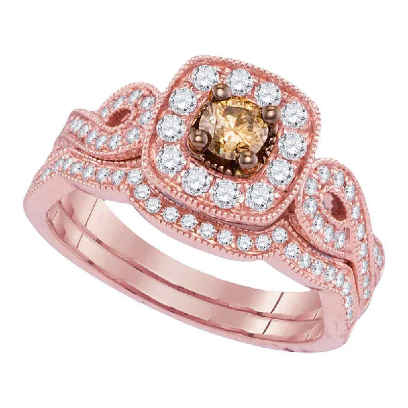 boho-inspired jade ring-Swivel gem ring-14kt Rose Gold Womens Round Brown Diamond Bridal Wedding Ring Band Set 3/4 Cttw