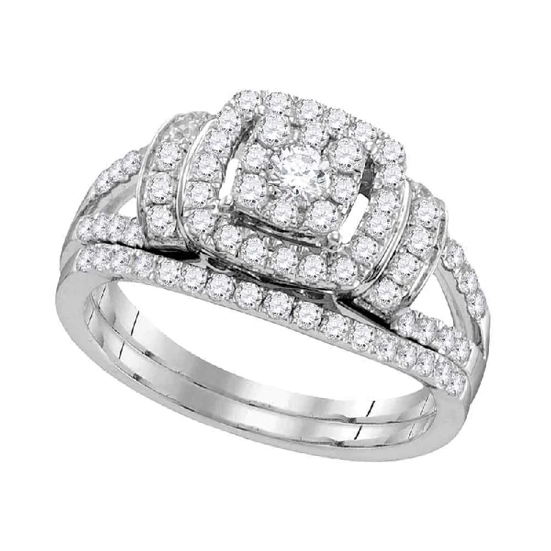 tarnished silver ring-High bezel ring-14kt White Gold Diamond Framed Cluster Bridal Wedding Ring Band Set 1 Cttw