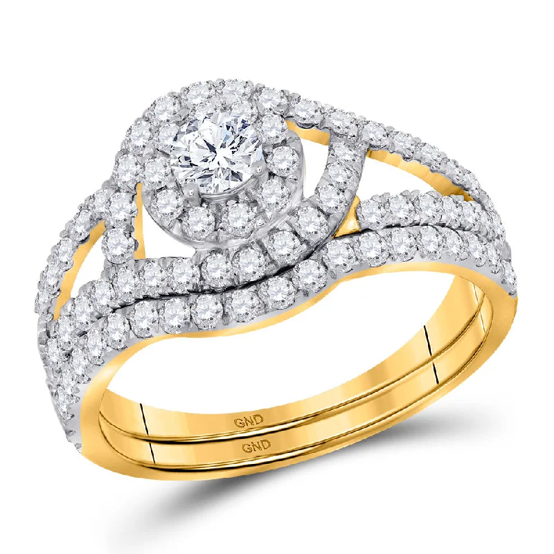 modern sleek crest ridge ring-Horn ridge ring-14kt Yellow Gold Round Diamond Bridal Wedding Ring Band Set 1-1/4 Cttw