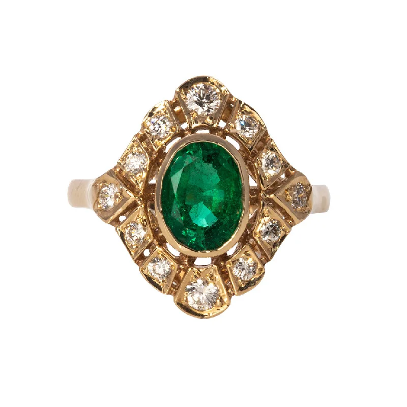 floral-inspired turquoise ring-Rippled band ring-1ct Oval Emerald & Diamond 14K Yellow Gold Ring