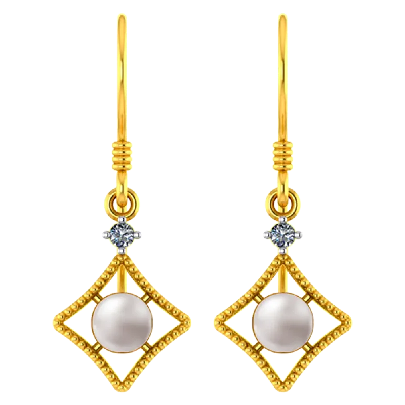 art deco amethyst earrings-Ethnic weave earrings-22k American Diamond Shaped Gold Earrings With A Pearl And Stone Detailing