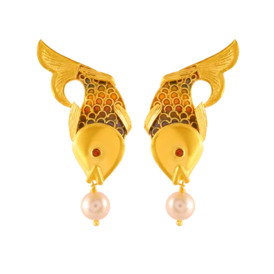 modern layered opal earrings-Infinity knot earrings-22k Gold Earrings In Fish Shape Adorned With A Pearl