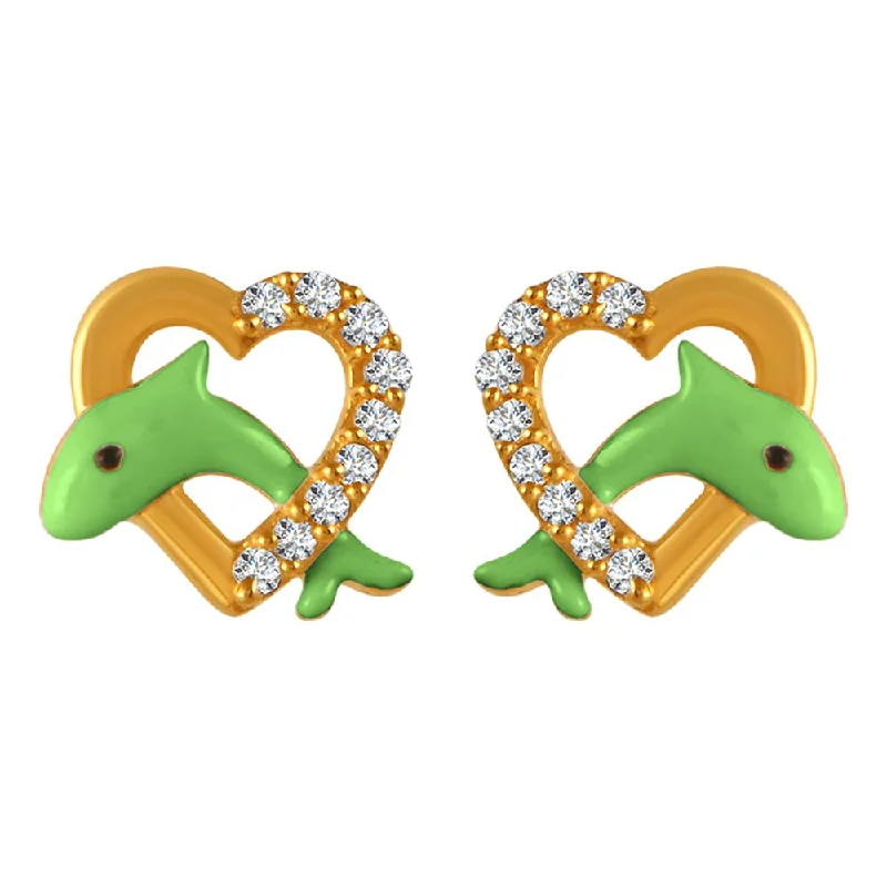 art deco peridot earrings-Barnacle shell earrings-22k Gold Earrings With Green Dolphin Motifs In Stone-studded Hearts