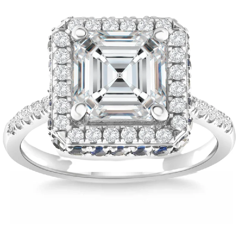 artisan-crafted silver ring-Faint color ring-3 1/2Ct Asscher Cut Moissanite Diamond & Sapphire Gold Ring Lab Grown 14k