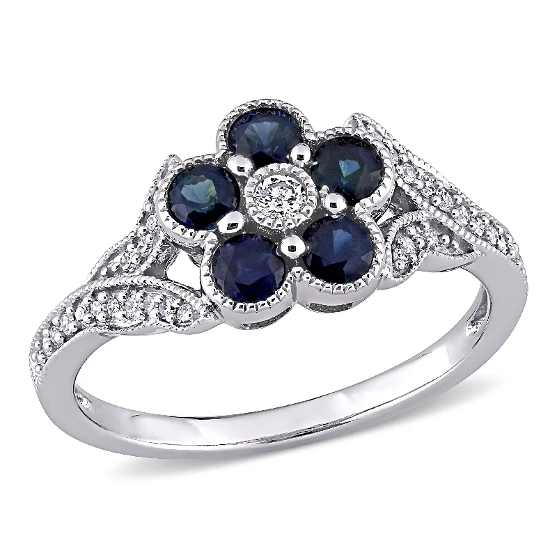 floral prong diamond ring-Lily bloom ring-3/4 CT TGW Blue Sapphire and 1/6 CT TW Diamond Floral Engagement Ring in 10K White Gold