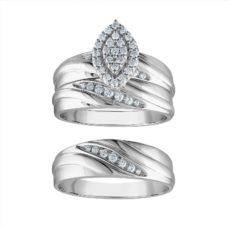 matte rose layer ring-Brass toned ring-3/8 CTW Diamond Halo Wedding Trio Set in 10KT White Gold