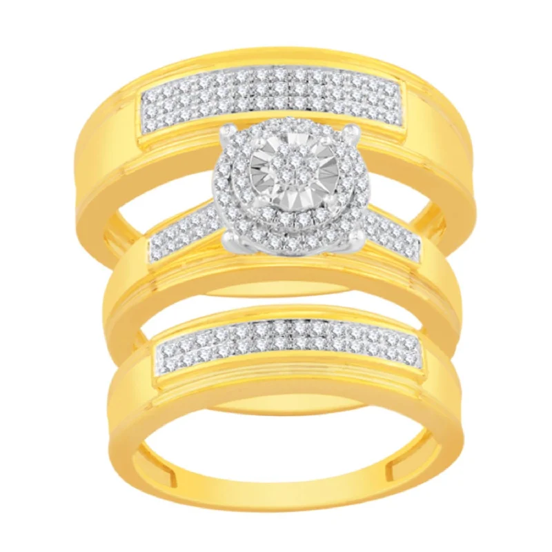 modern sleek crest apex ring-Velvet wrap ring-3/8 CTW Diamond Halo Wedding Trio Set in 10KT Yellow Gold